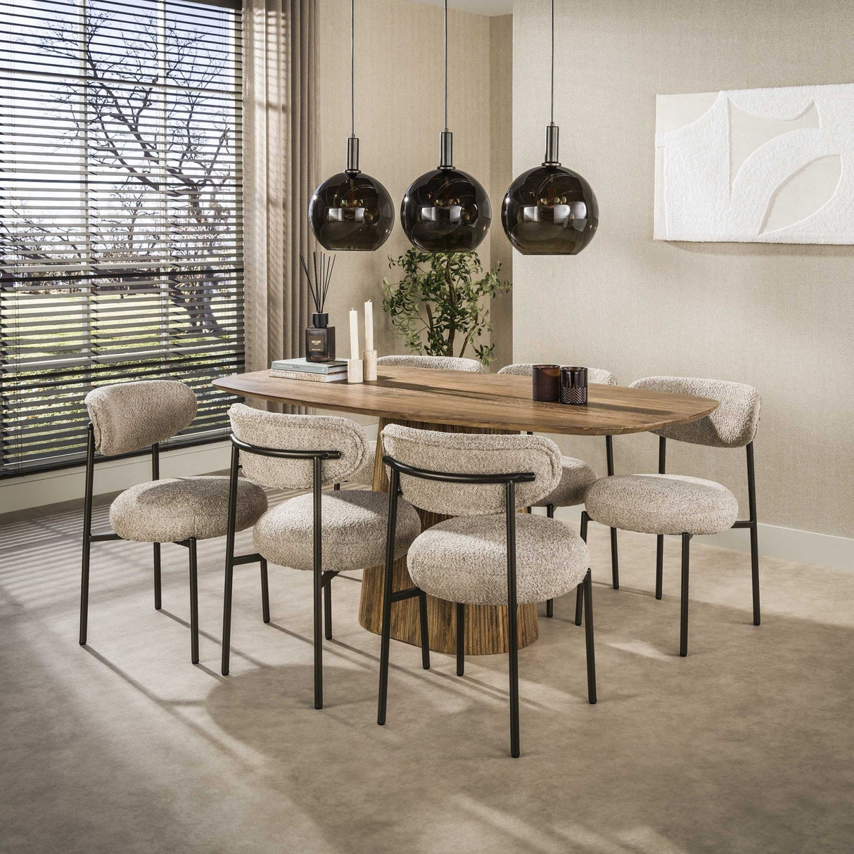 Set of 2 dining room chairs round bouclé sand-brown Aero