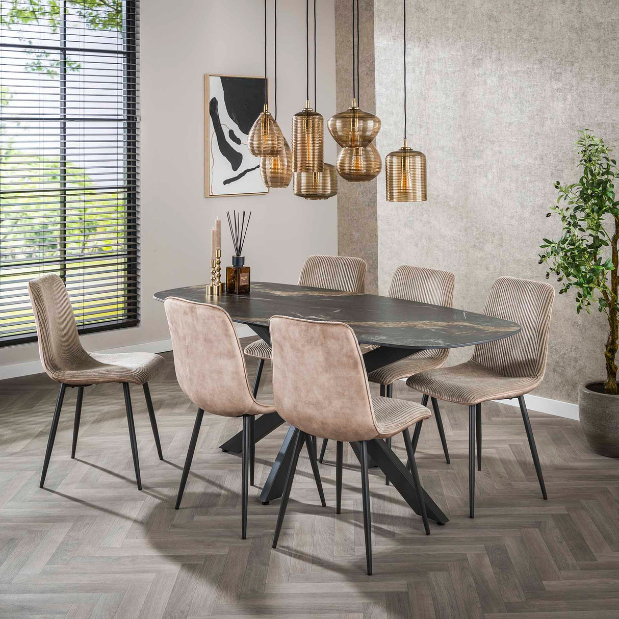 Modern Rib Fabric Dining Chair Sand Color Rock Lento