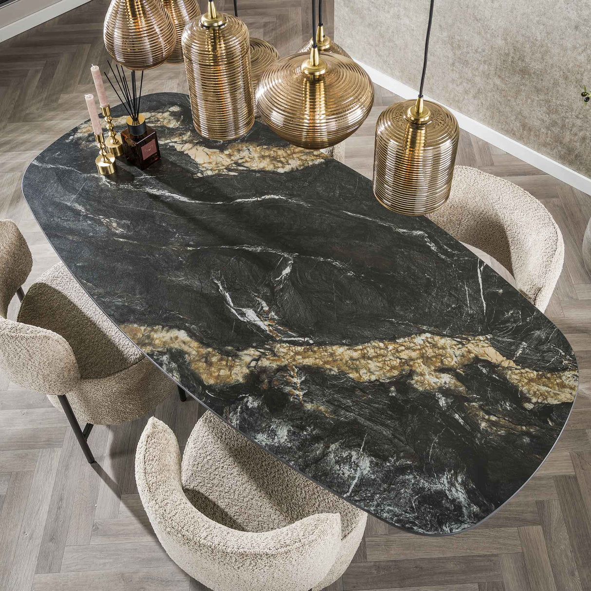 Eettafels - Eettafel Dolore 180x90 cm Deens Ovaal Marmerlook Zwart - Dimehouse
