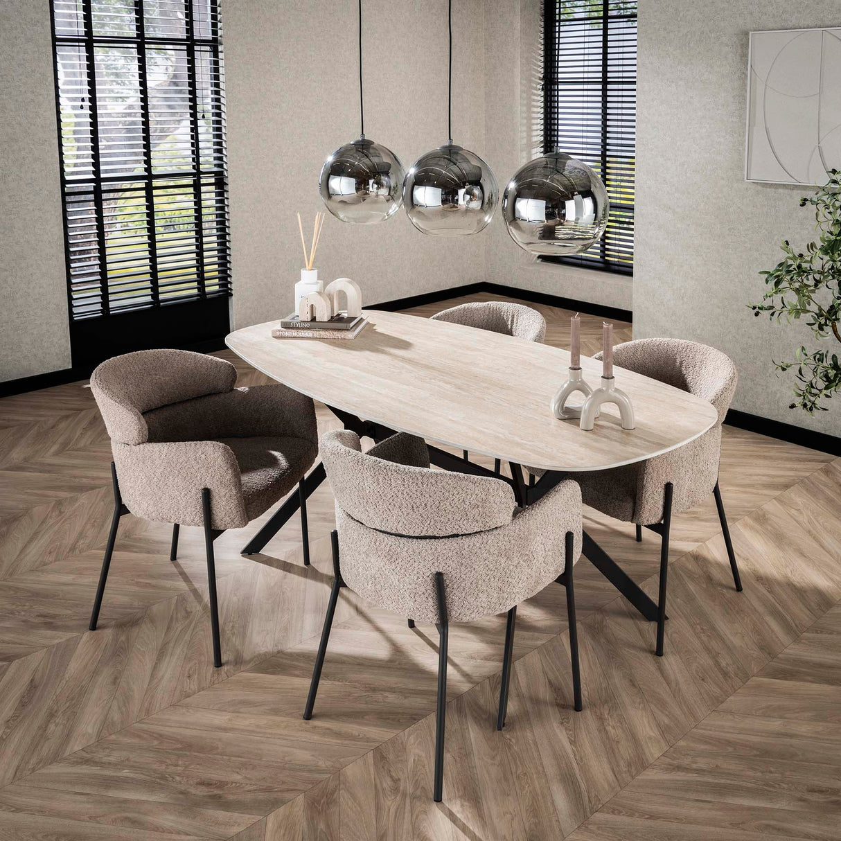 Dining Table Vesta Danish Oval Ceramic Travertine Look 180 cm
