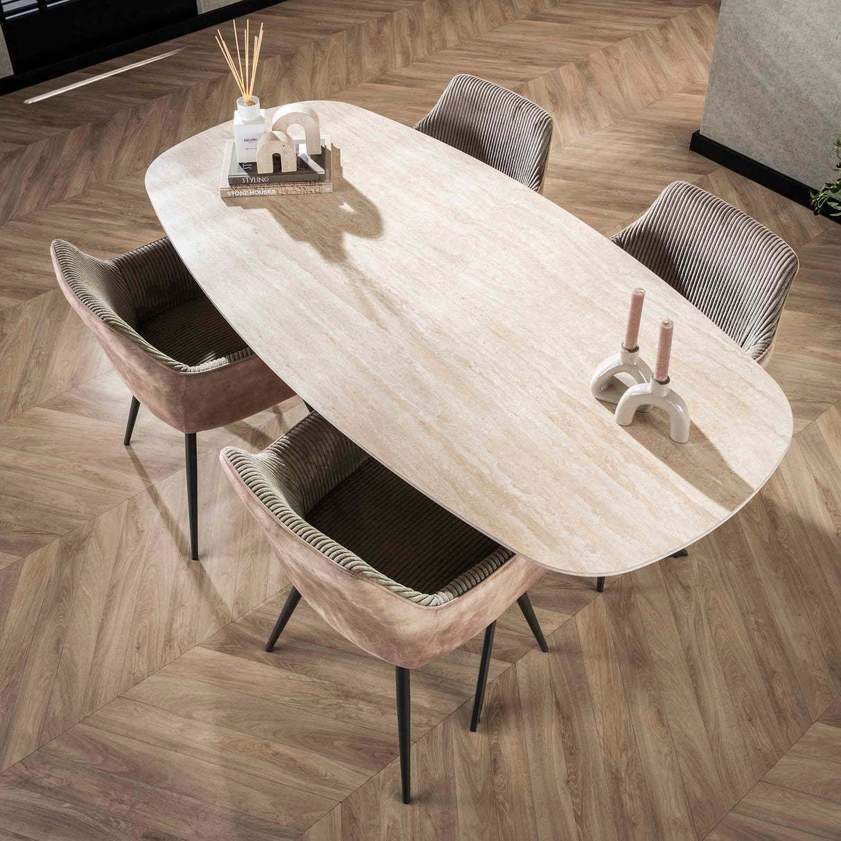 Dining Table Vesta Danish Oval Ceramic Travertine Look 180 cm