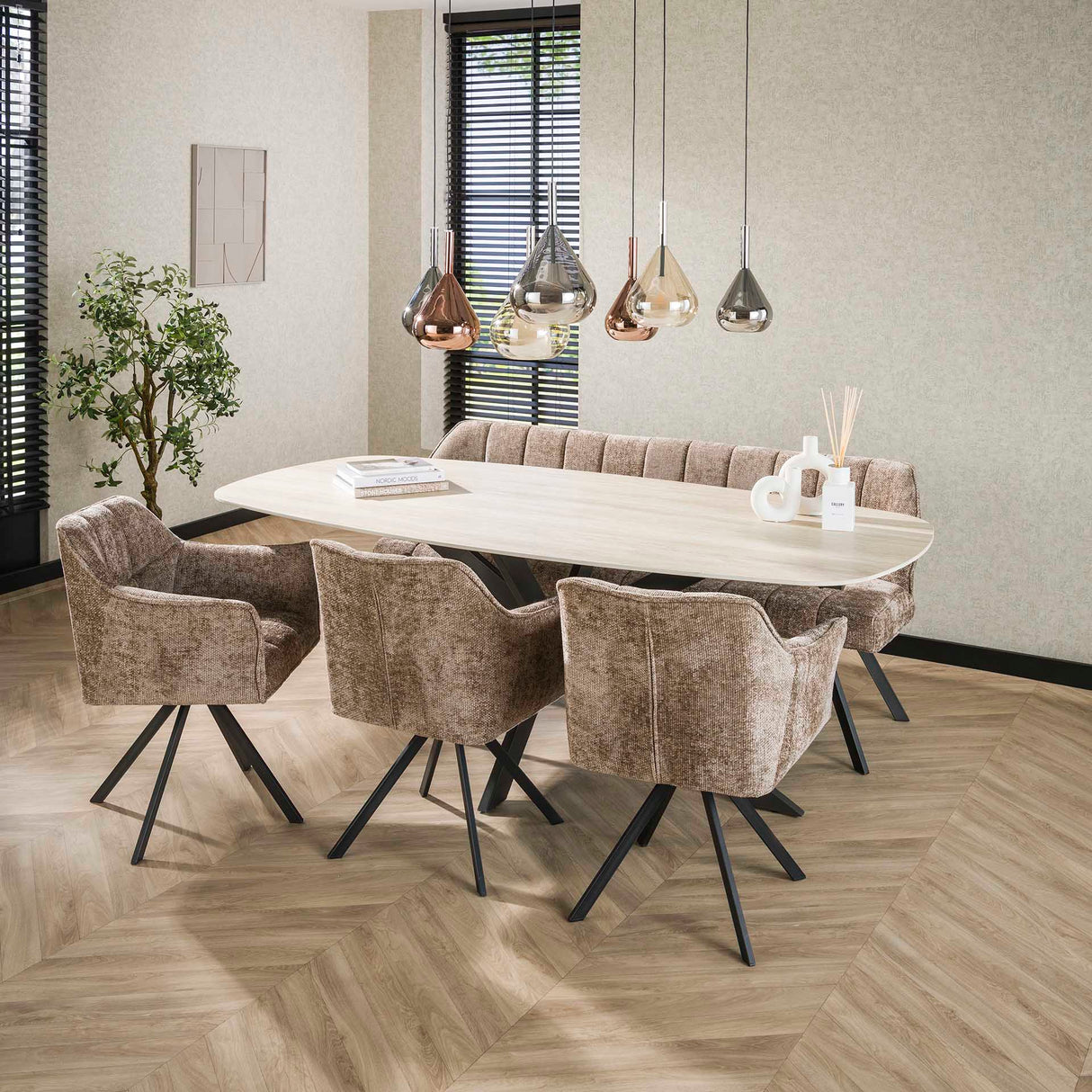 Valente Oval 215 Travertine 3D Ceramic Dining Table