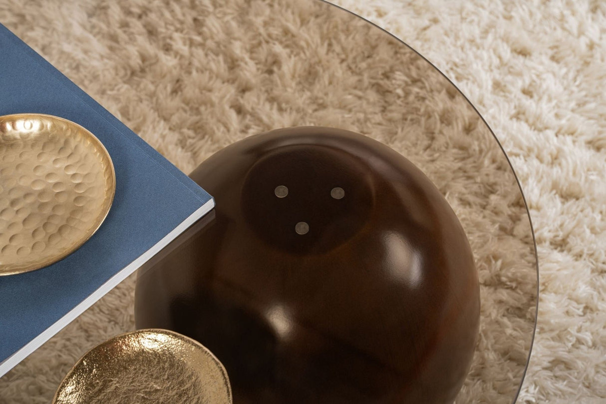 Organic coffee table bronze tinted glass walnut ball legs Sphere 120x70 cm