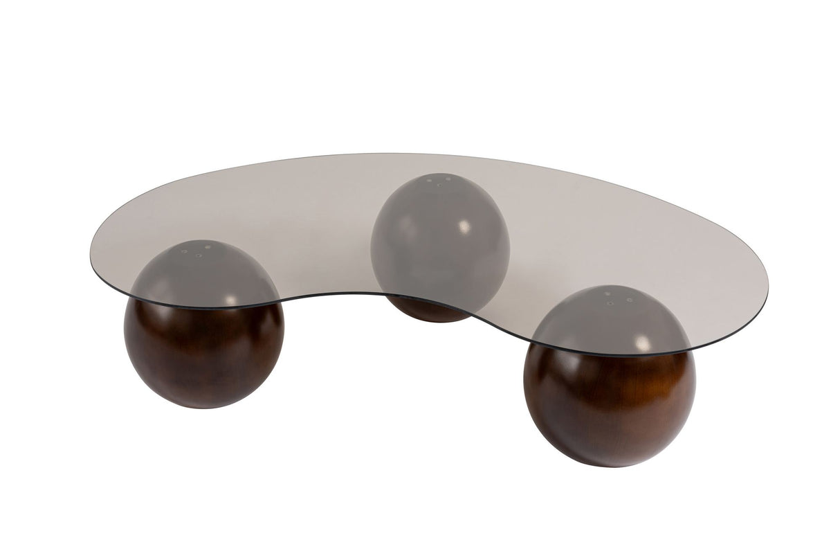 Organic coffee table bronze tinted glass walnut ball legs Sphere 120x70 cm