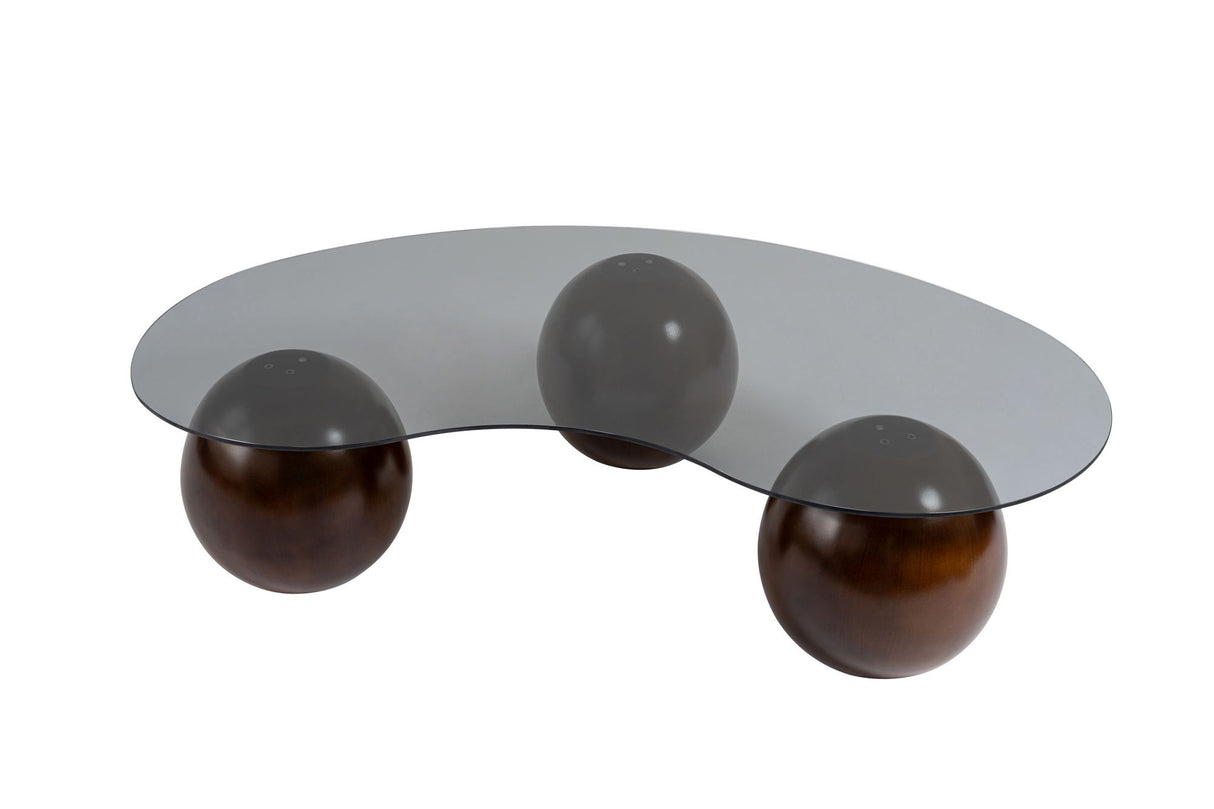 Salontafels - Organische salontafel grijs getint glas walnoot bolpoten Sphere 120x70 cm - Dimehouse
