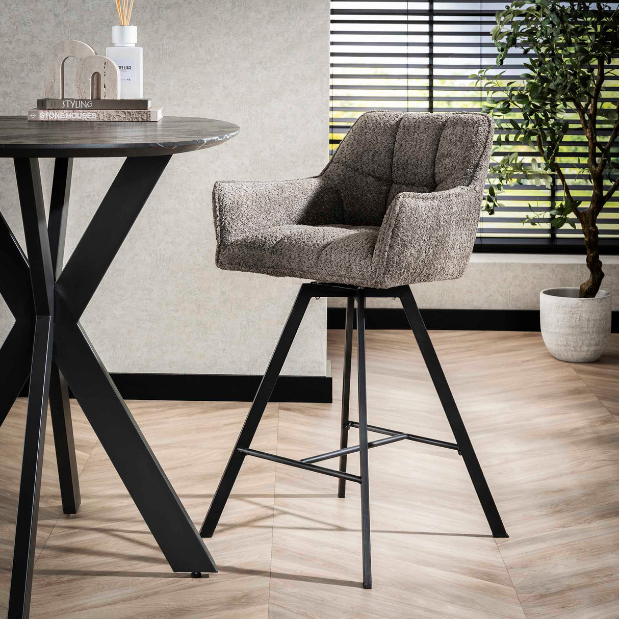 Lino Bouclé Taupe Bar Stool Swivel