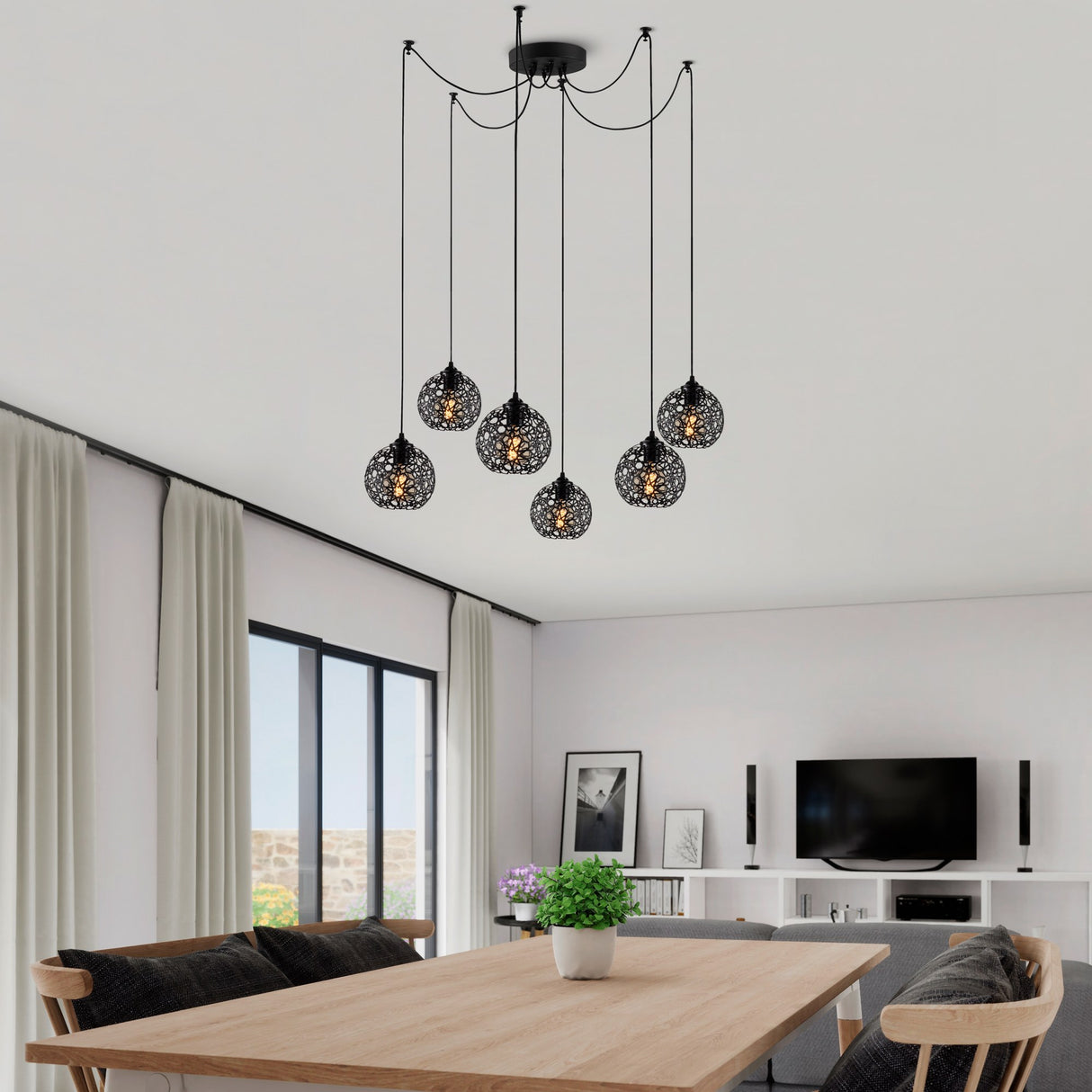Pendant light 6-light Black Metal Quartz