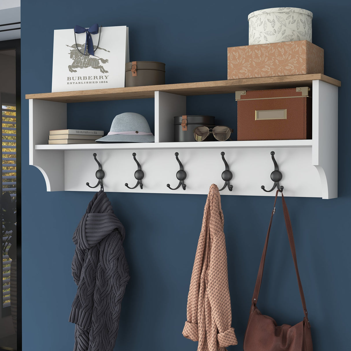 Furniture set Coat rack - Shoe cabinet - White-Walnut Melamine