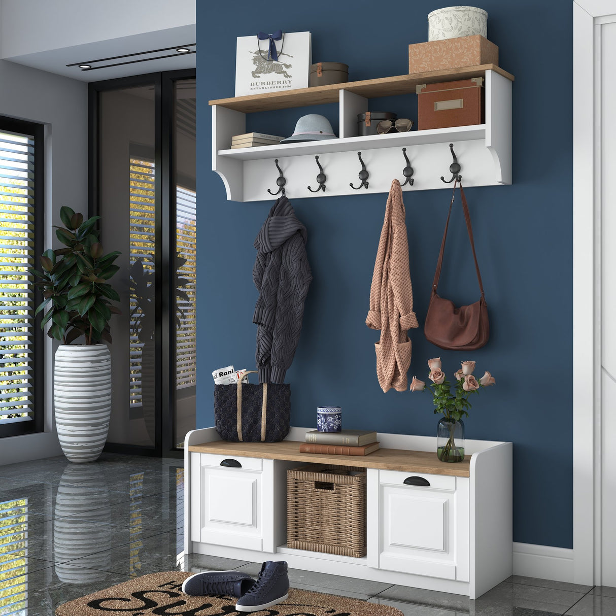 Furniture set Coat rack - Shoe cabinet - White-Walnut Melamine