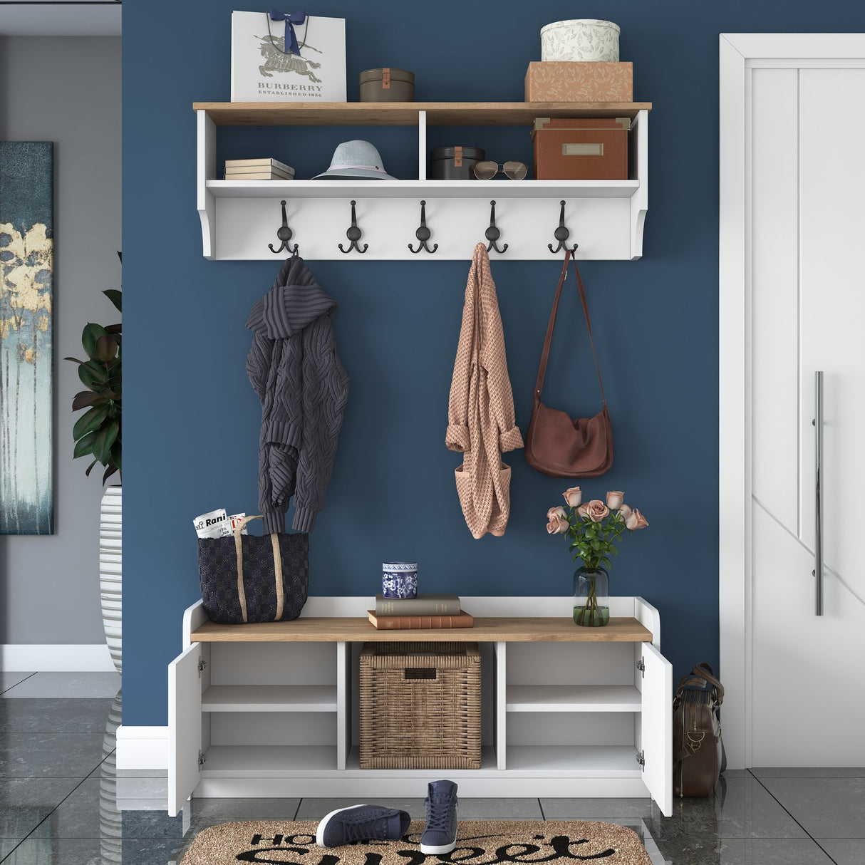 Furniture set Coat rack - Shoe cabinet - White-Walnut Melamine