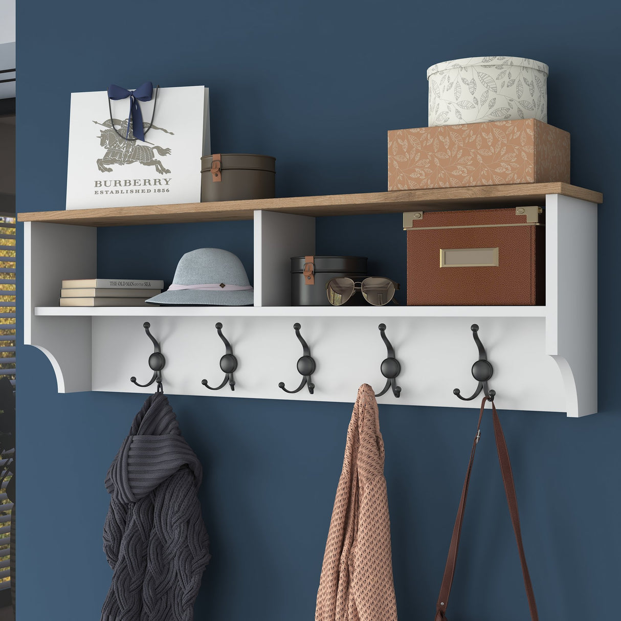 Coat rack Hally White 15-hooks - Two compartments