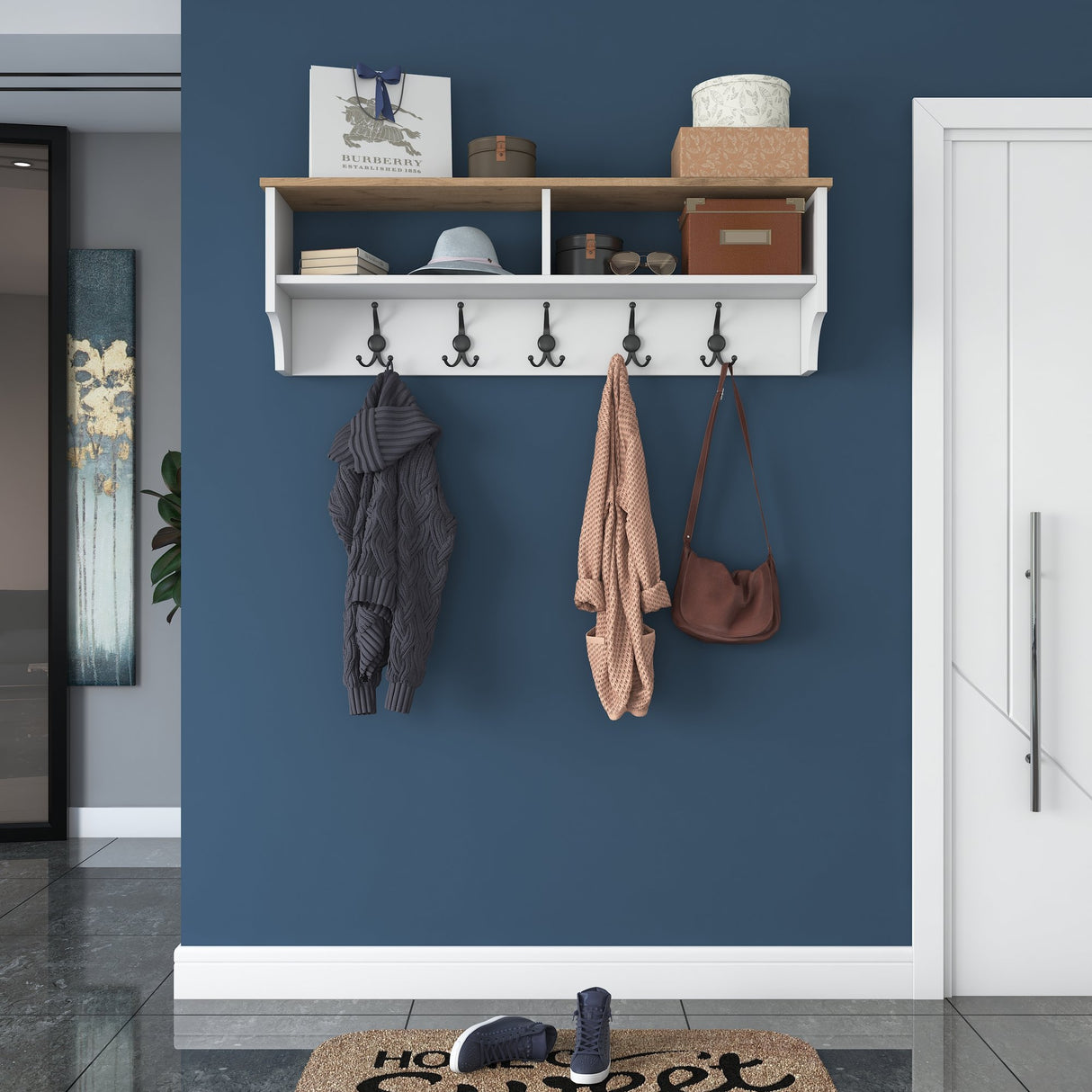 Coat rack Hally White 15-hooks - Two compartments