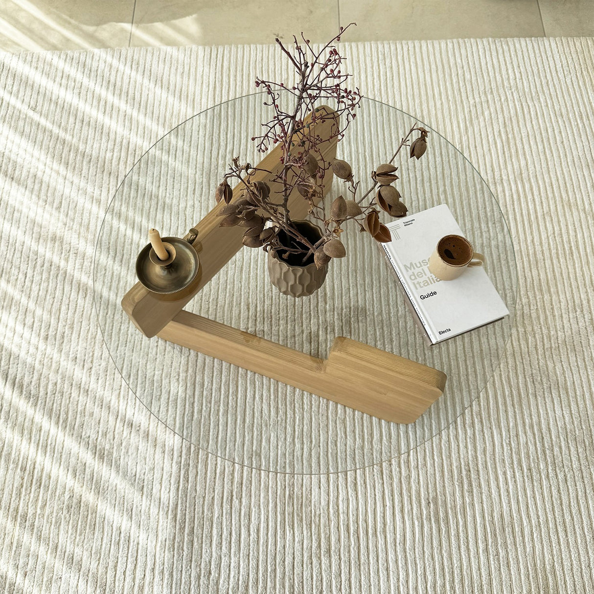 Round Glass Coffee Table Mio - 75 cm - Wooden Base