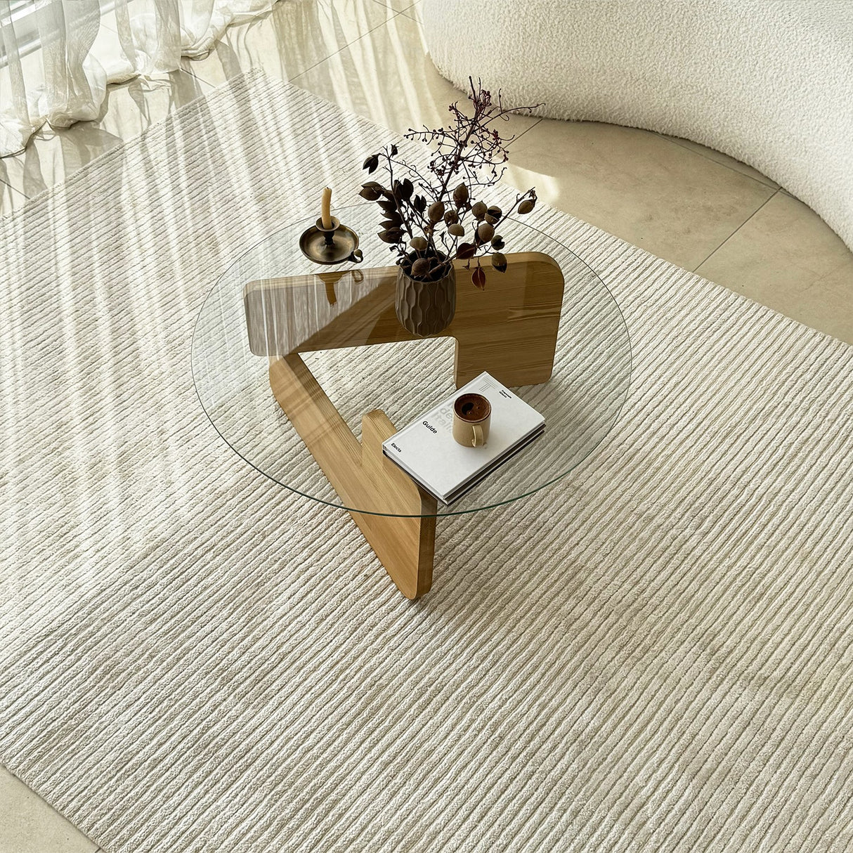 Round Glass Coffee Table Mio - 75 cm - Wooden Base