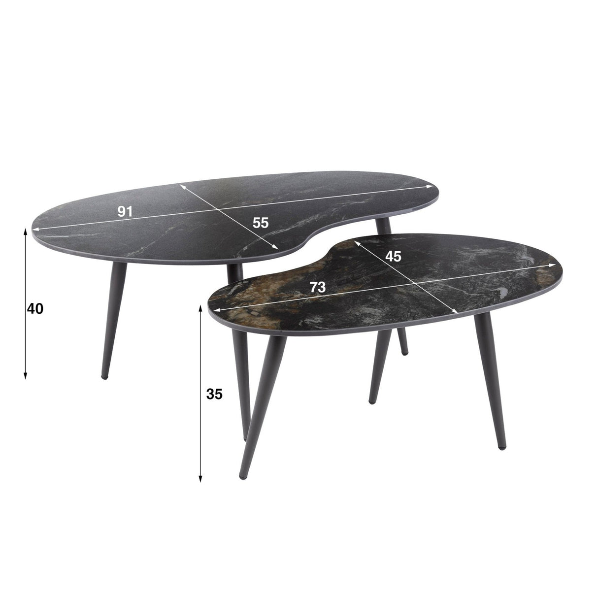 Niora Oval Shaped Coffee Table Set of 2 Ceramic Fossil Black