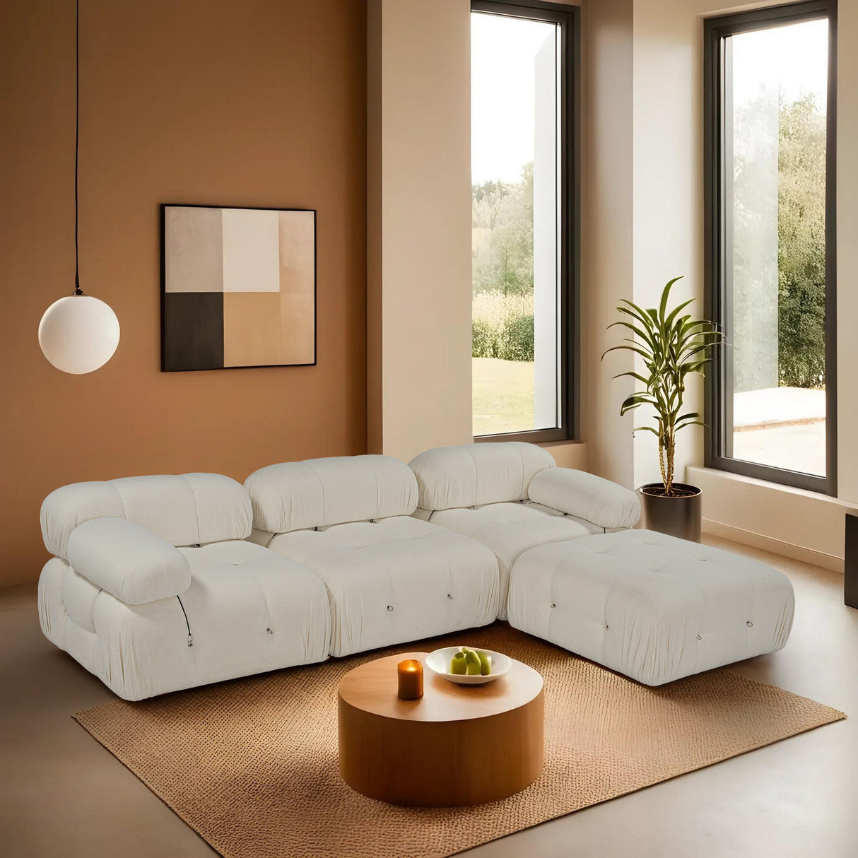 Modular XXL corner sofa Bubble with ottoman - bouclé white