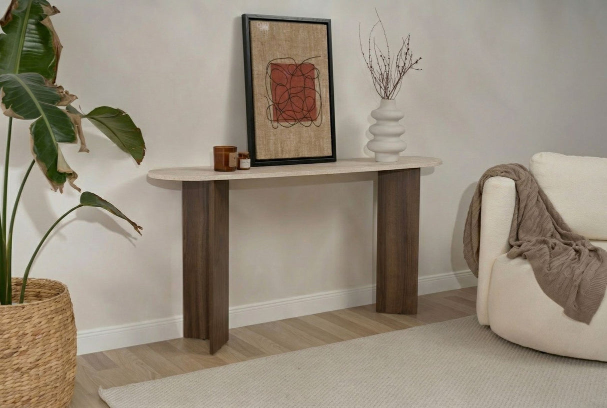 Modern oval side table with a travertine look top and walnut melamine base. Stylish minimalist design.