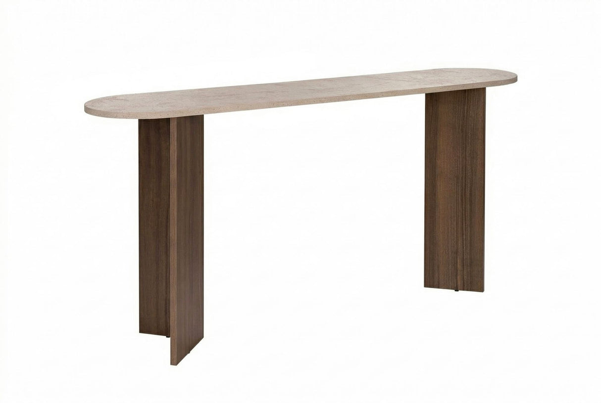 White photo modern oval side table with a travertine look top and walnut melamine base. Stylish minimalist design.
