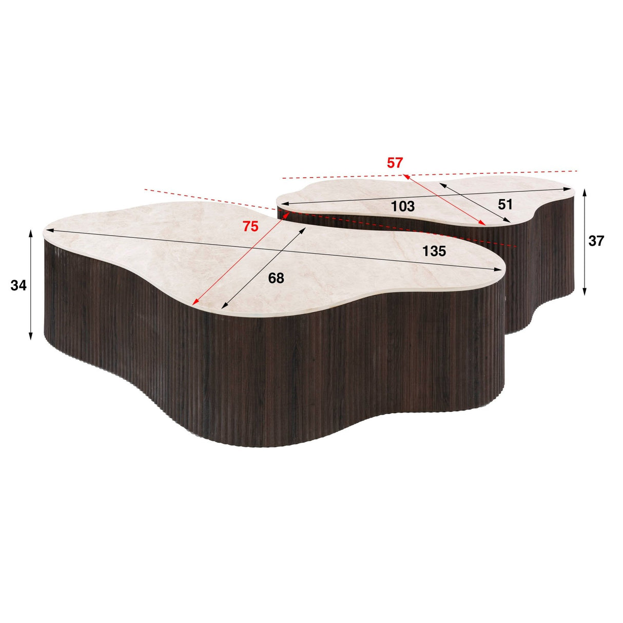 White photo with dimensions set of 2 organic coffee tables Cruz Grand with Taj Mahal ceramic tops and dark brown ribbed base.