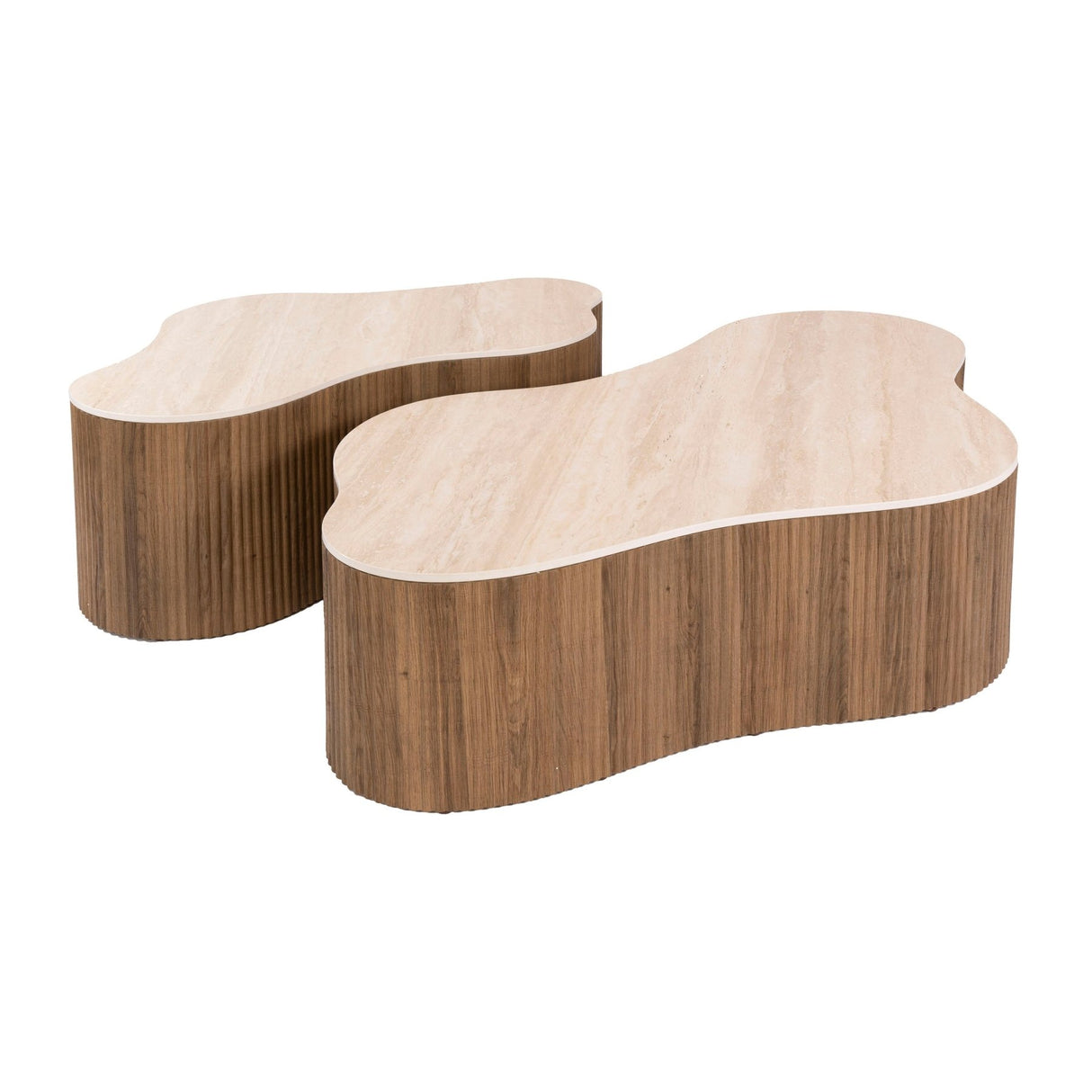 White photo set of 2 organic coffee tables Cruz Grand with Travertine ceramic tops and oak wood look ribbed base.