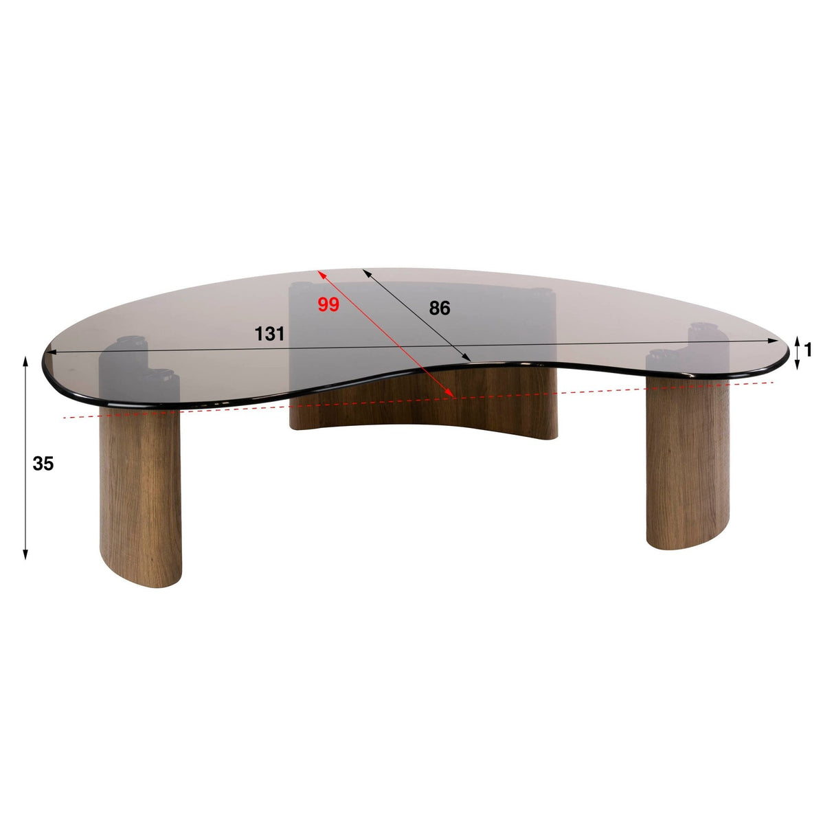 Organic coffee table brown smoked glass oak look Thor 130 cm