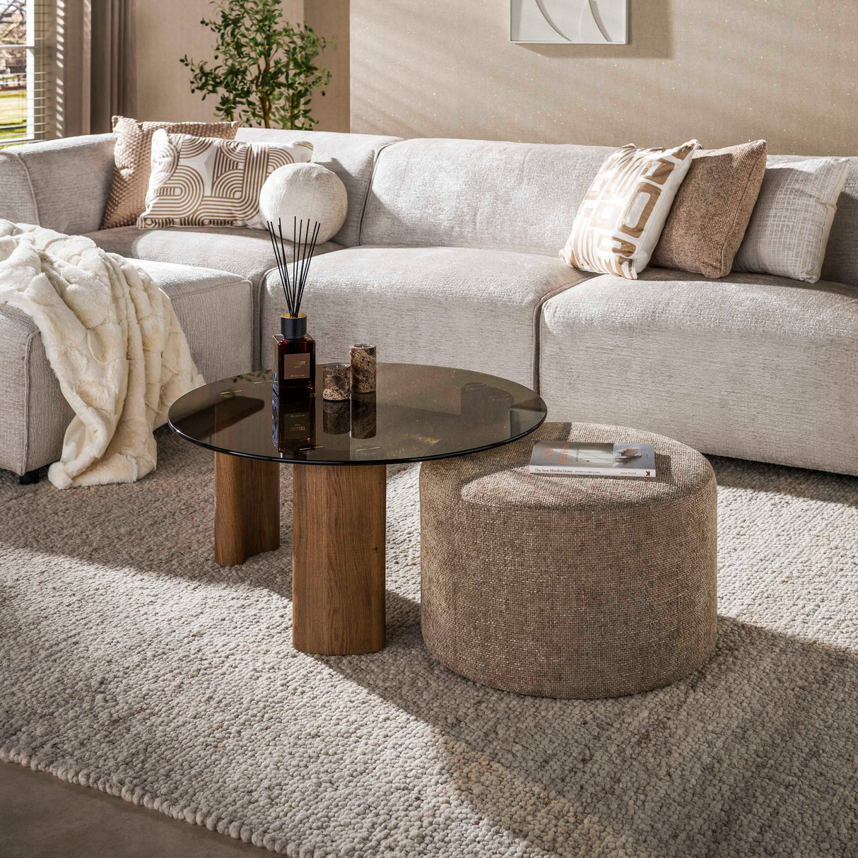 Set of 2 round coffee tables Thor brown smoked glass and sand-colored fabric