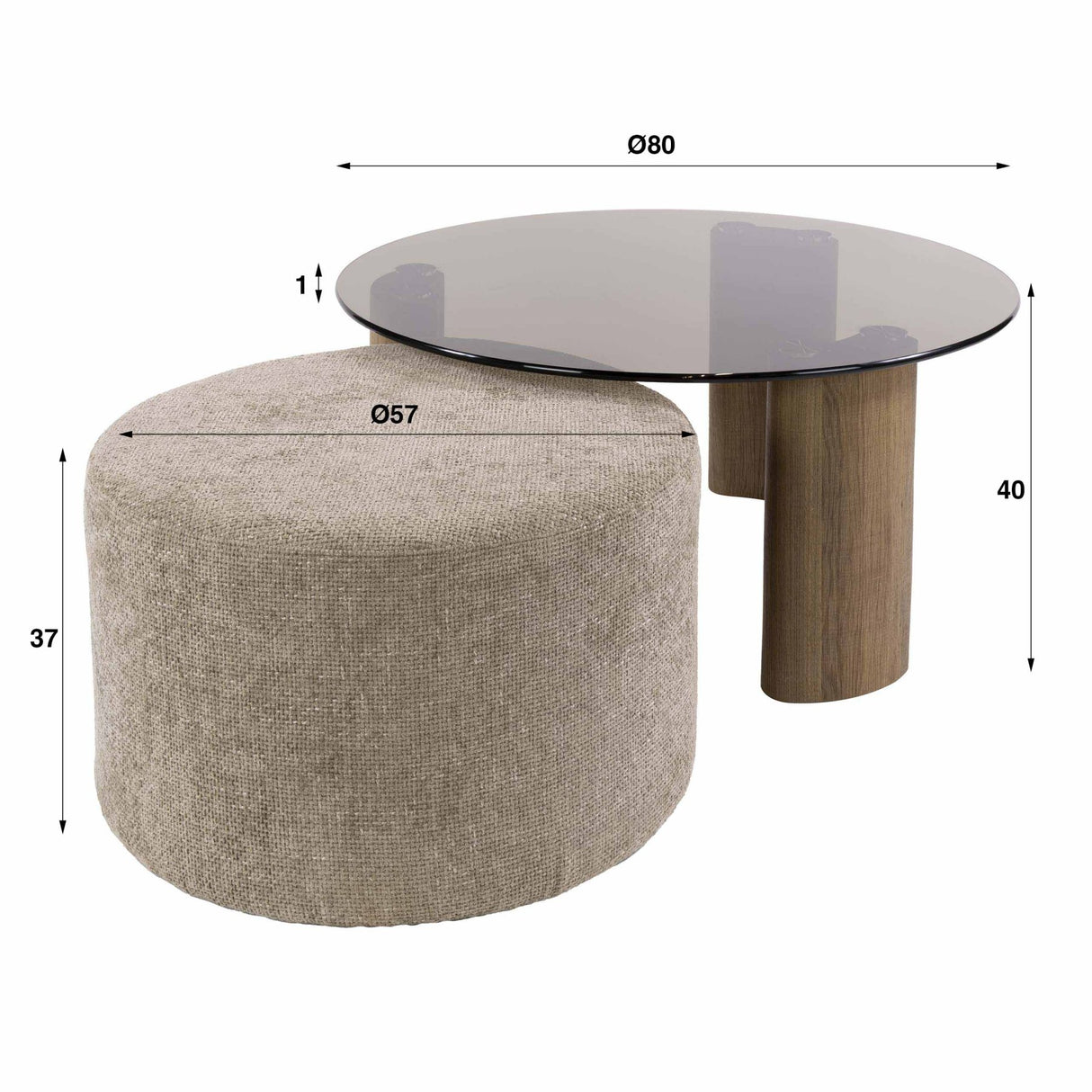 Set of 2 round coffee tables Thor brown smoked glass and sand-colored fabric
