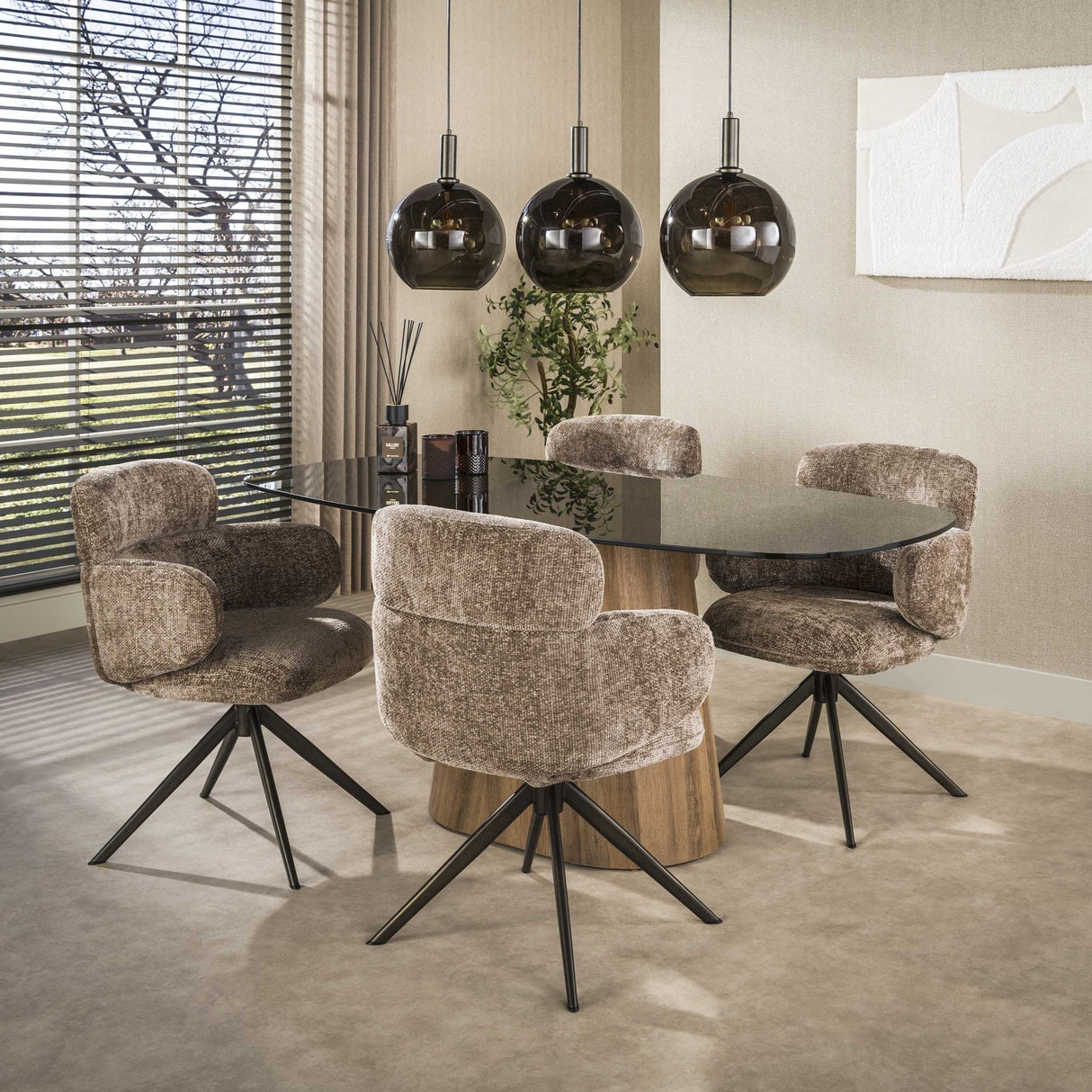 Danish oval dining table brown smoked glass oak look frame Thor 180 cm