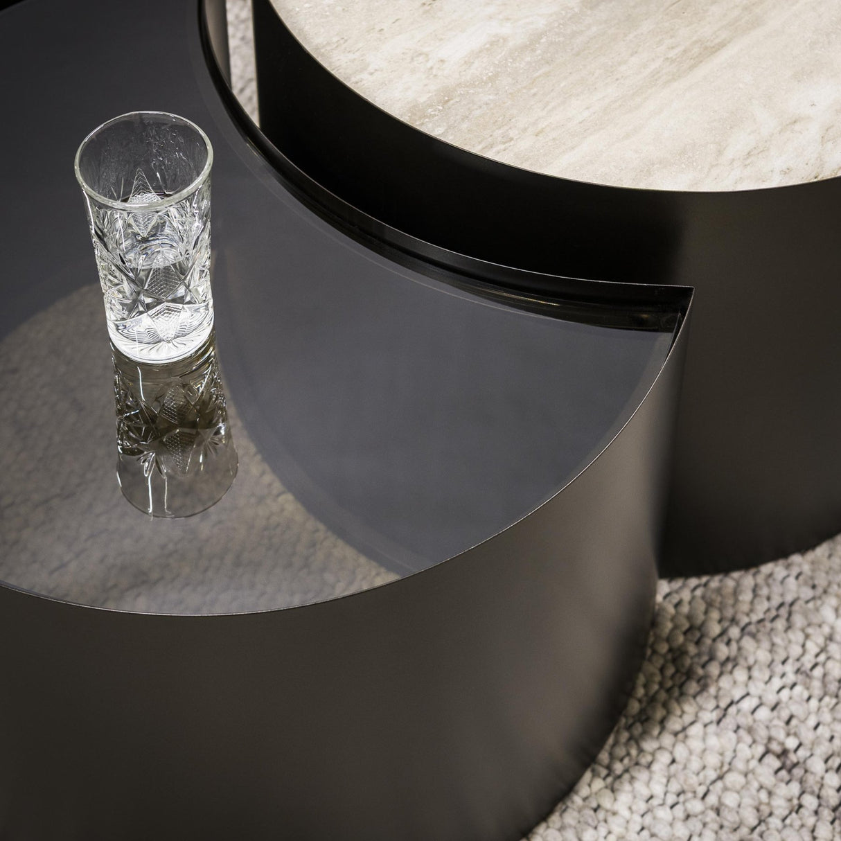 Set of 2 coffee tables Moony – metal frame & ceramic travertine look and glass