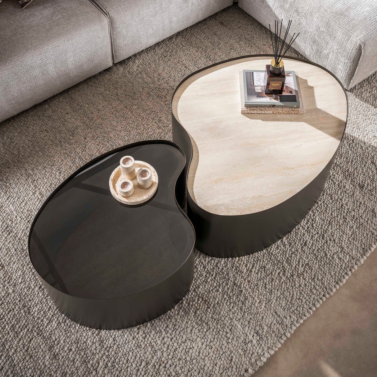 Set of 2 organic coffee tables Moony – metal frame & ceramic travertine look and glass