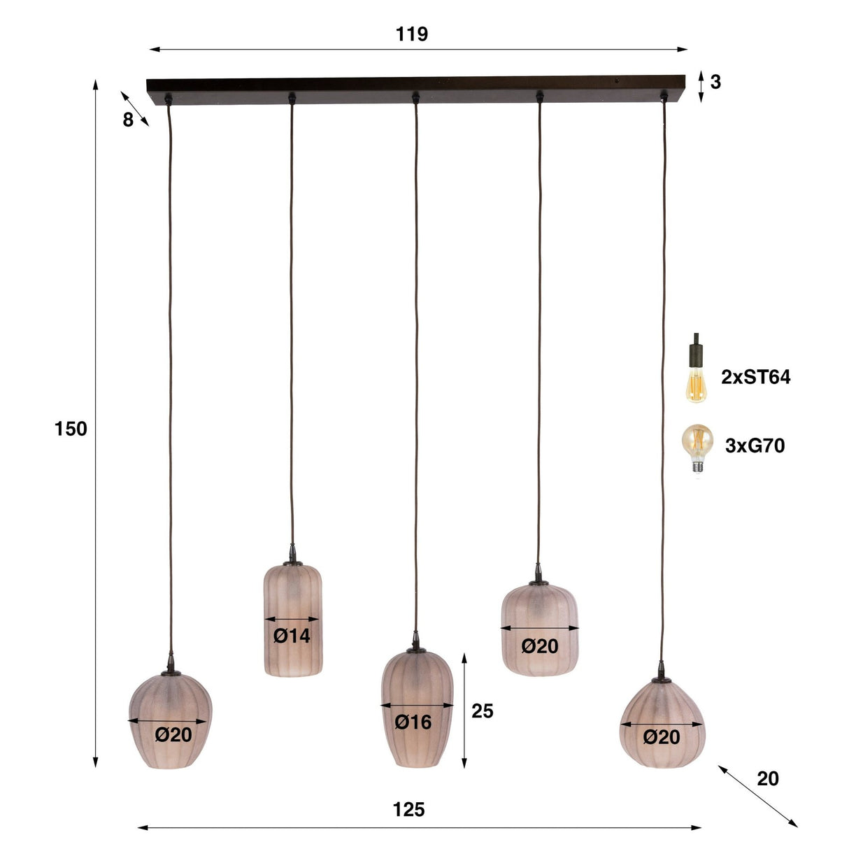 Hanging lamp 5-light brown frosted glass Arda