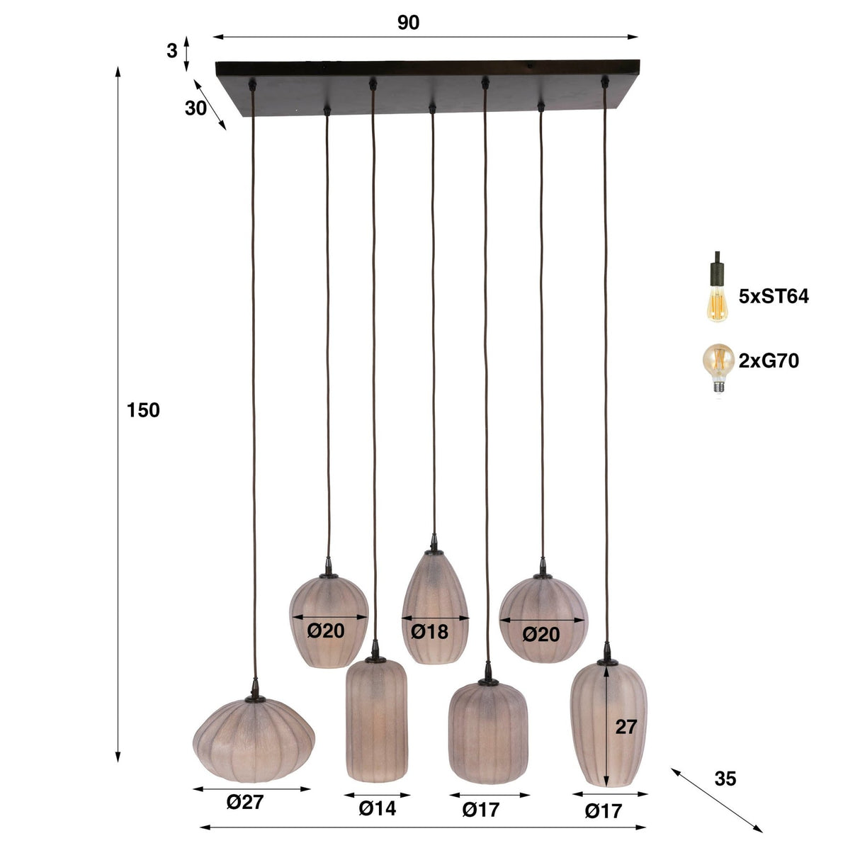 Hanging lamp 7-light brown frosted glass Arda