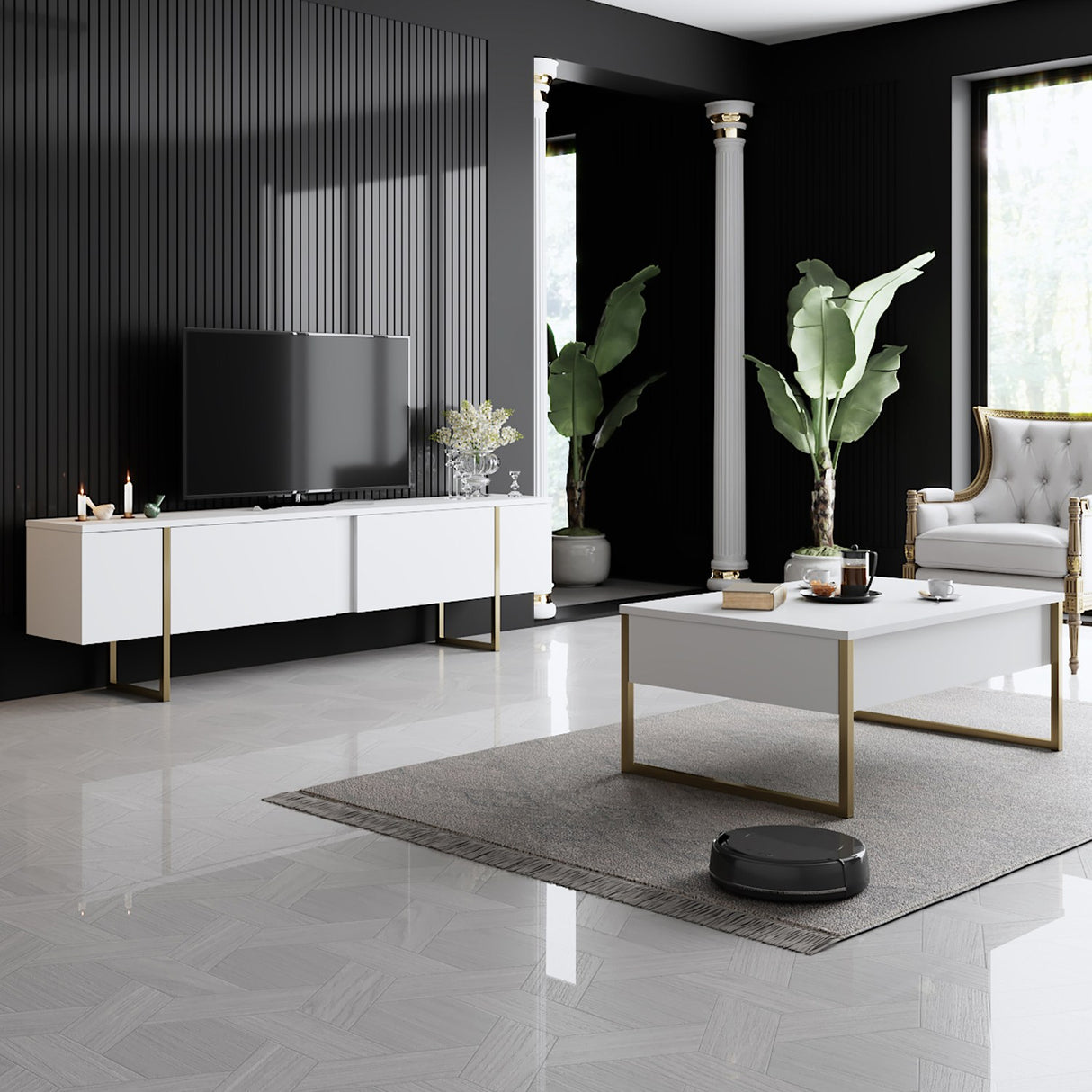 TV Meubels - TV Meubel Luxe Wit Goud Melamine 180x50x30 cm - Dimehouse