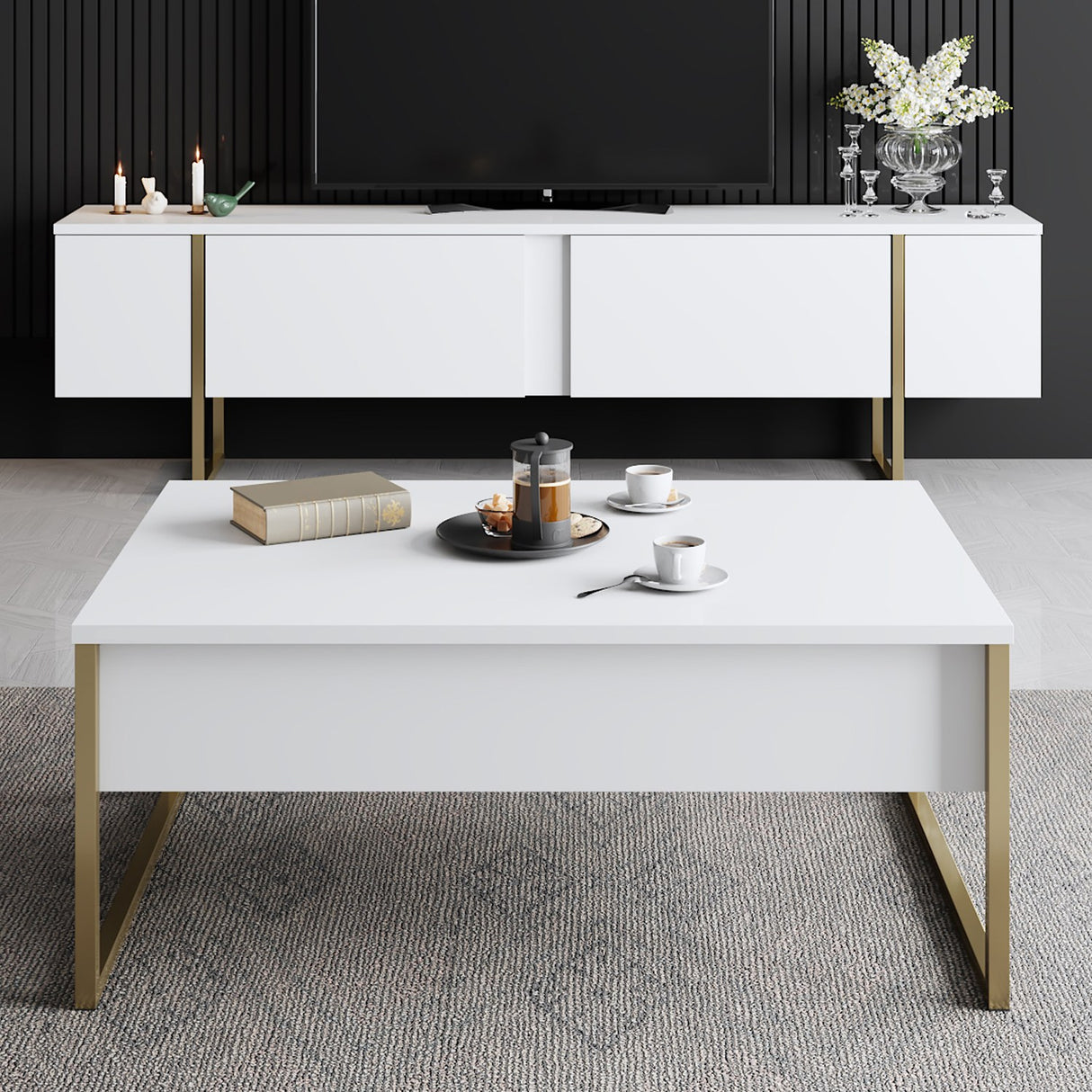 TV Meubels - TV Meubel Luxe Wit Goud Melamine 180x50x30 cm - Dimehouse