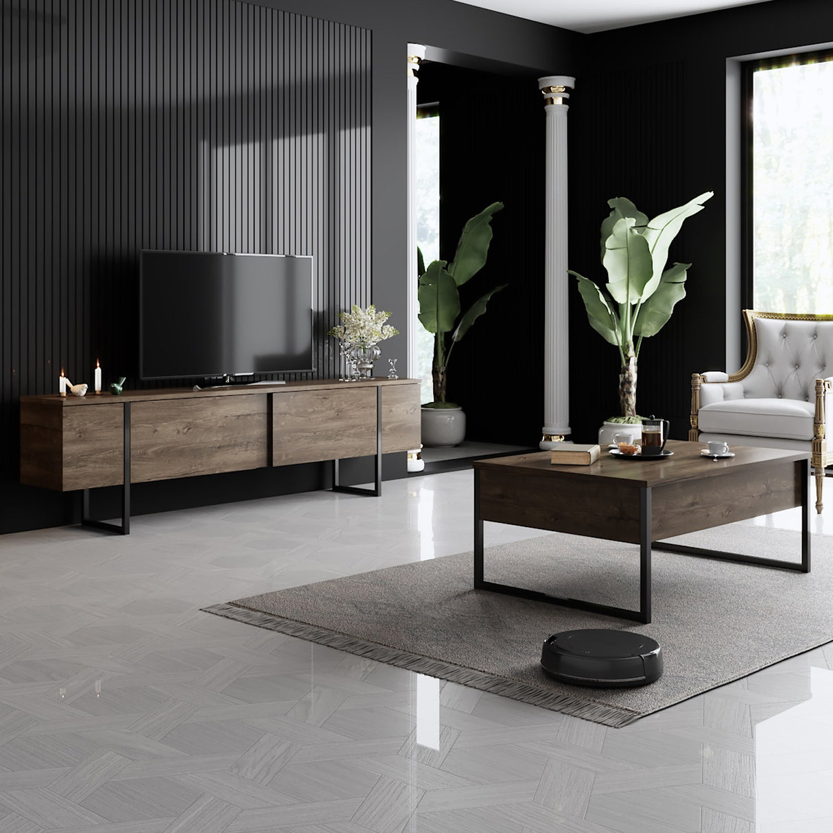 TV Meubels - TV Meubel Luxe Walnoot Zwart Melamine 180x50x30 cm - Dimehouse