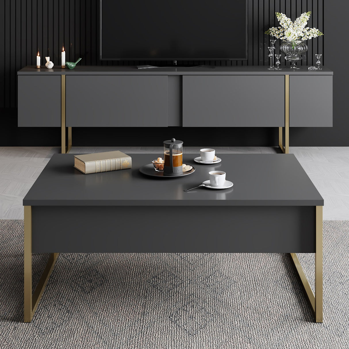 Rectangular Coffee Table Anthracite Luxe 90x60 - Gold Frame