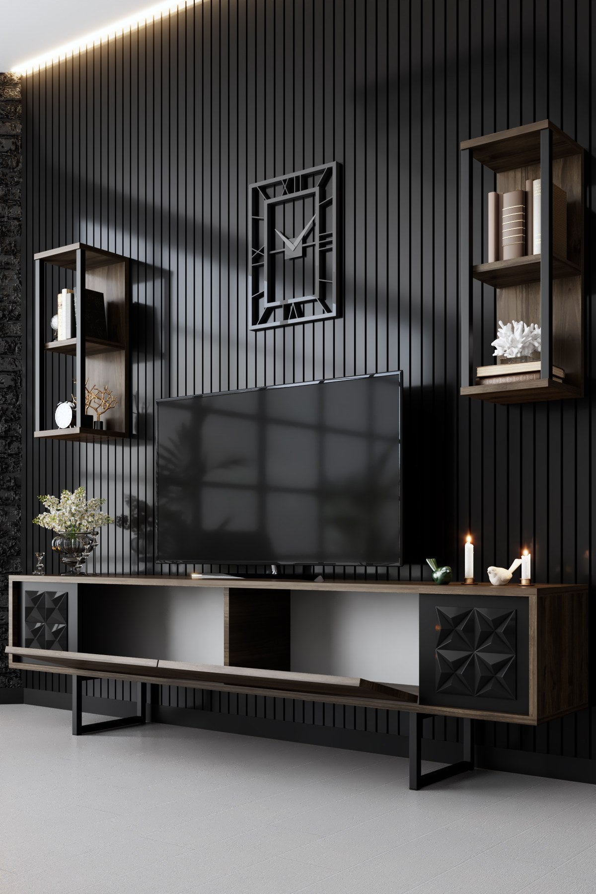 TV furniture set black line walnut black melamine 180x48x30 cm