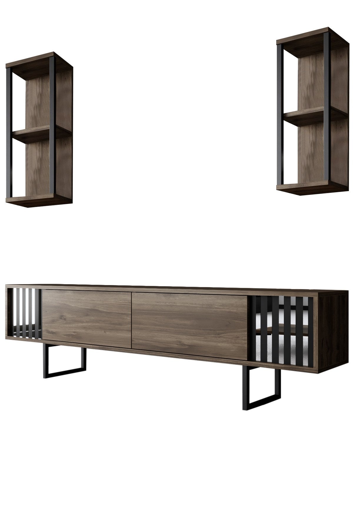 TV Meubels - TV Meubel Set Chrome Line Walnoot Zwart Melamine 180x48x30 cm - Dimehouse