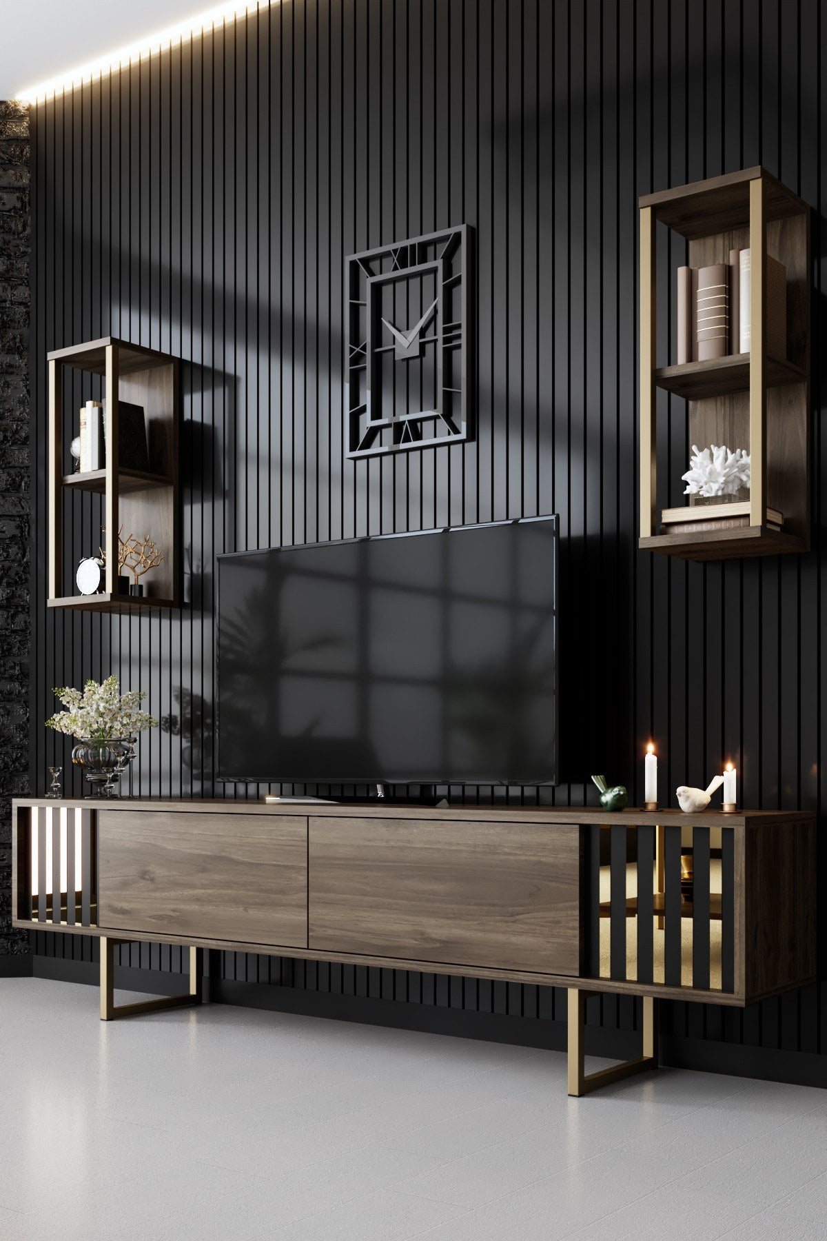 TV Meubels - TV Meubel Set Gold Line Walnoot Zwart Melamine 180x48x30 cm - Dimehouse