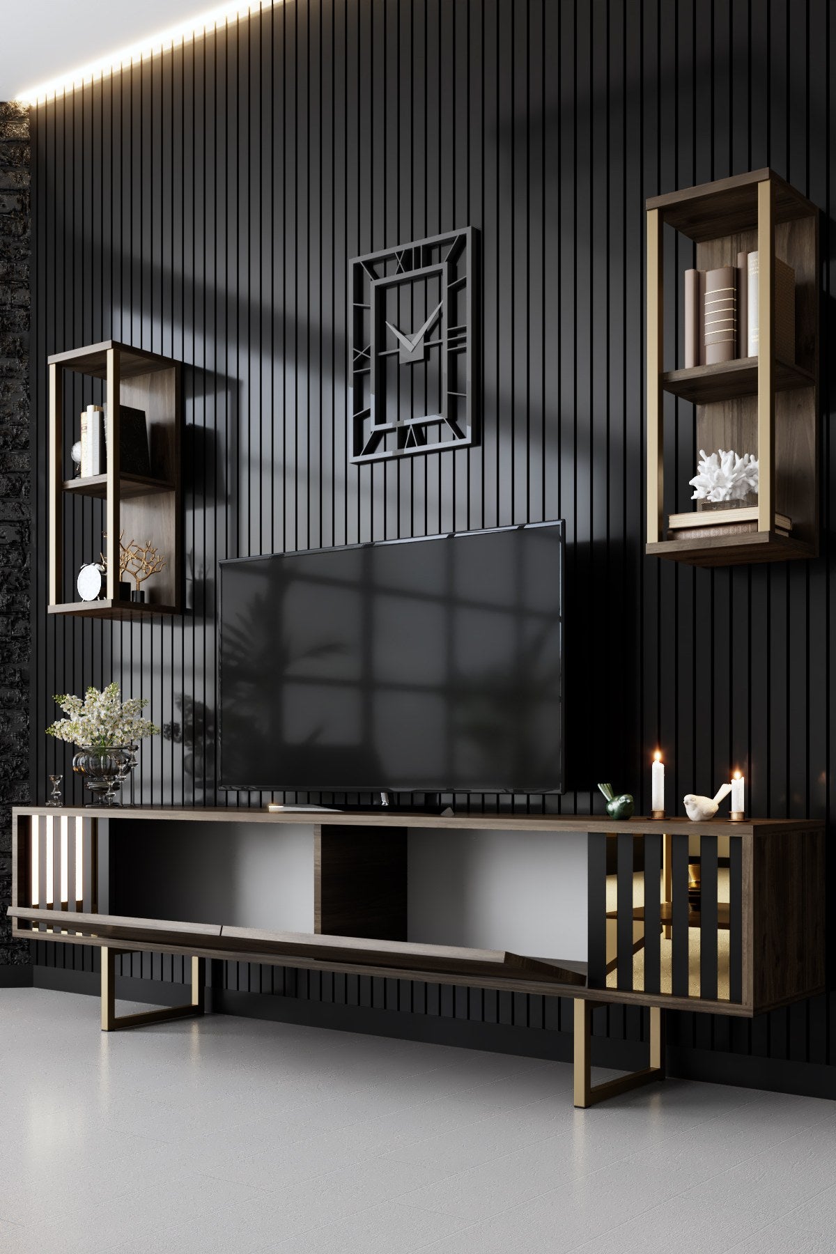 TV Meubels - TV Meubel Set Gold Line Walnoot Zwart Melamine 180x48x30 cm - Dimehouse