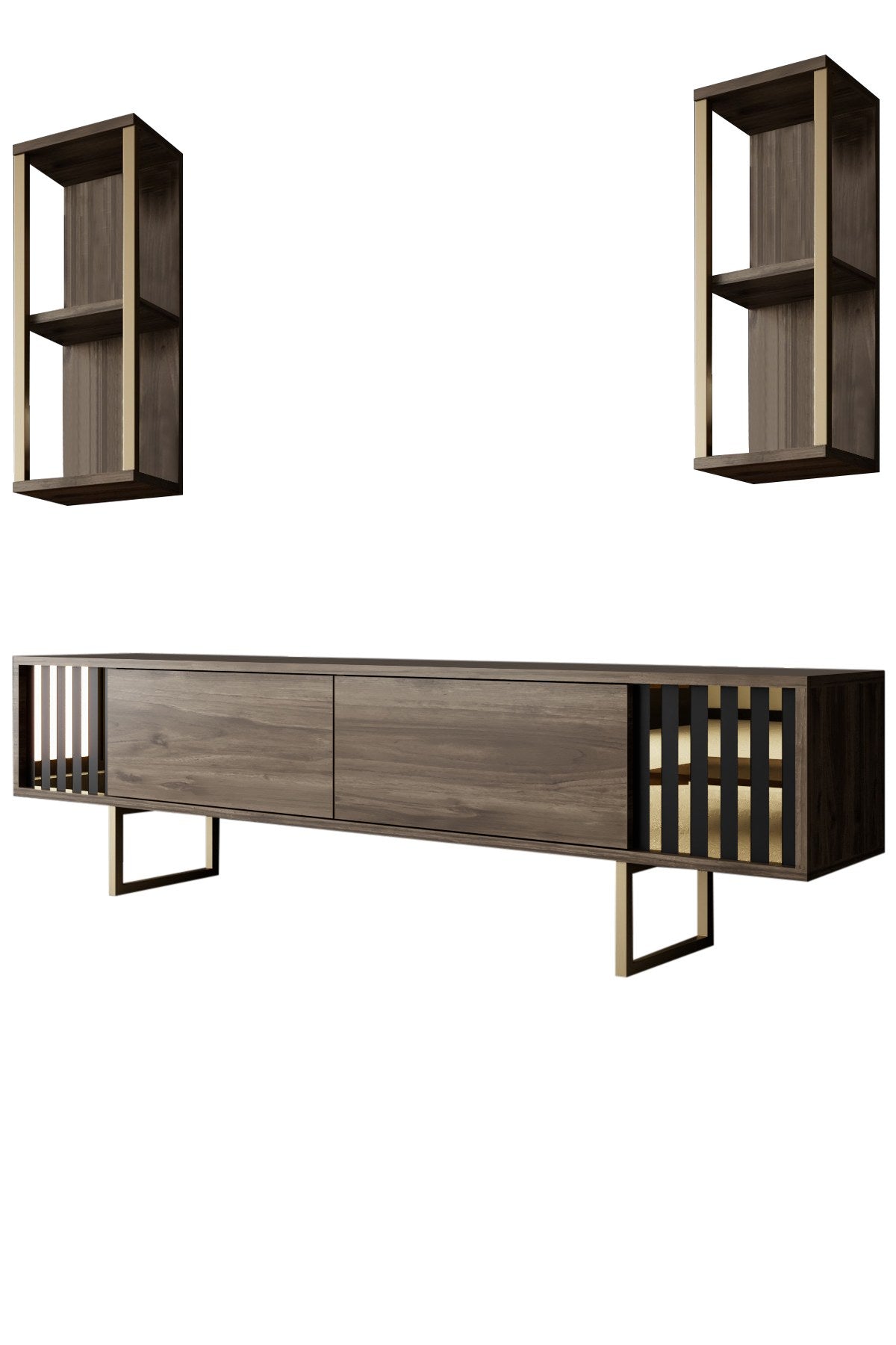 TV Meubels - TV Meubel Set Gold Line Walnoot Zwart Melamine 180x48x30 cm - Dimehouse