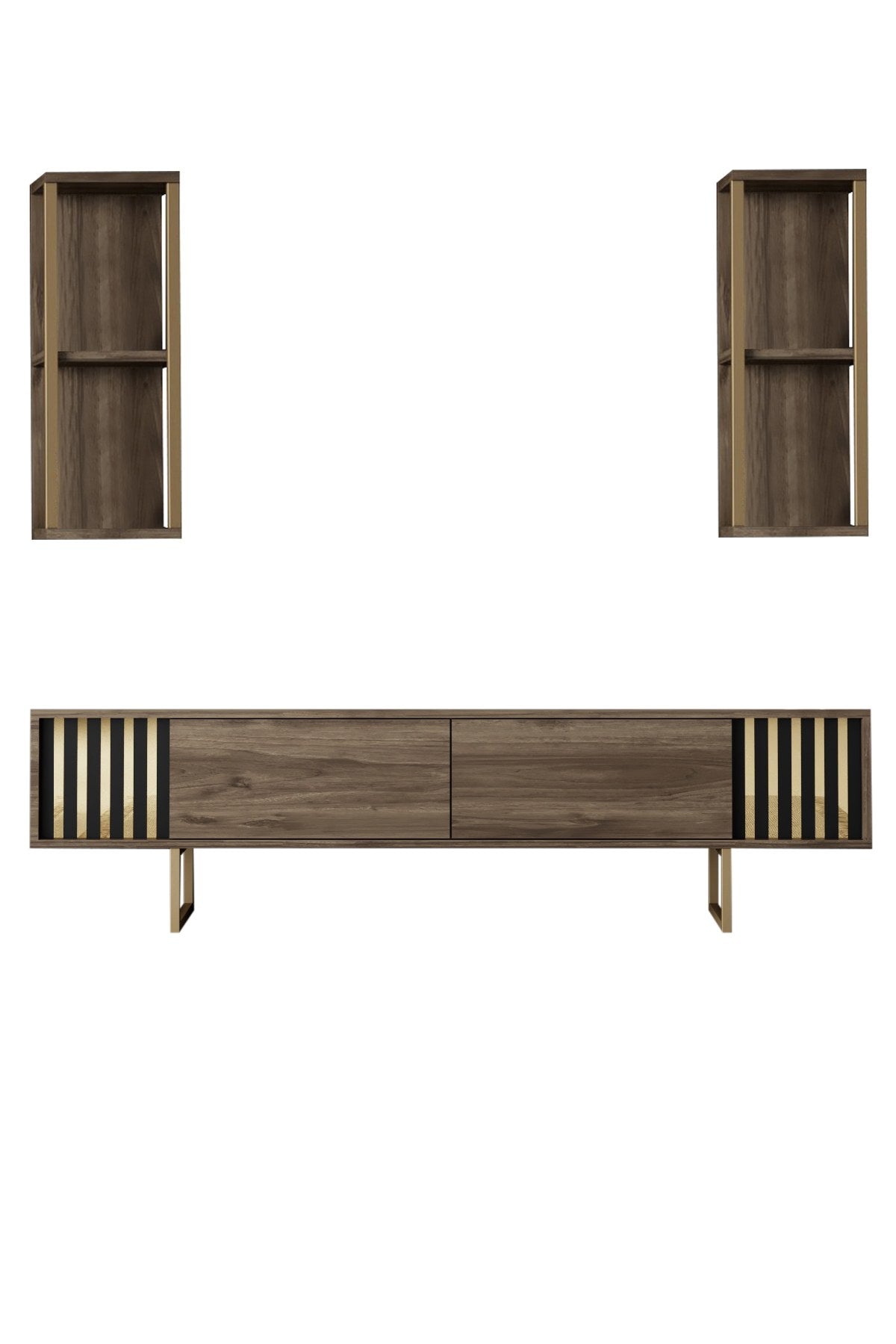 TV Meubels - TV Meubel Set Gold Line Walnoot Zwart Melamine 180x48x30 cm - Dimehouse