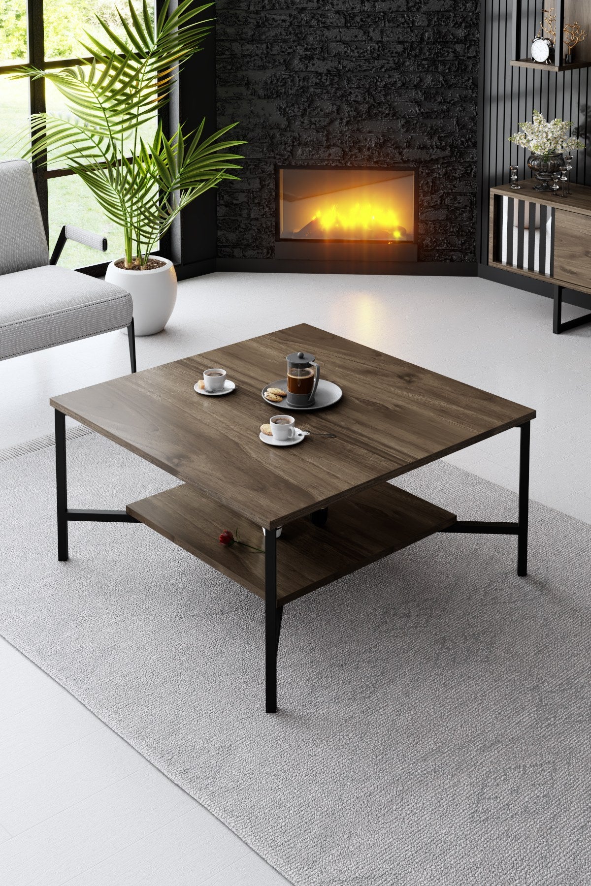 Furniture Set Walnut-Black - Chrome Line - Coffee table + TV cabinet