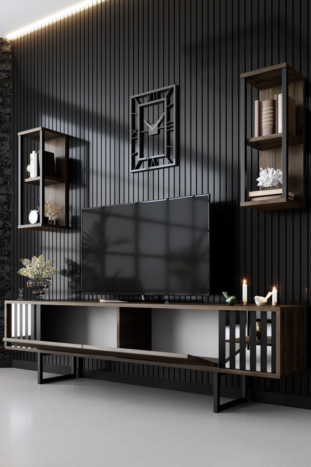 Furniture Set Walnut-Black - Chrome Line - Coffee table + TV cabinet