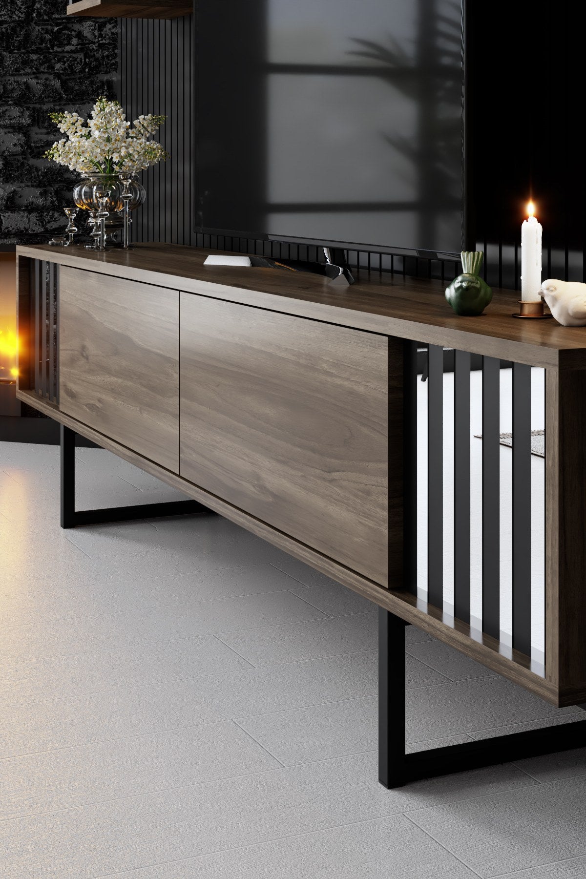 Furniture Set Walnut-Black - Chrome Line - Coffee table + TV cabinet