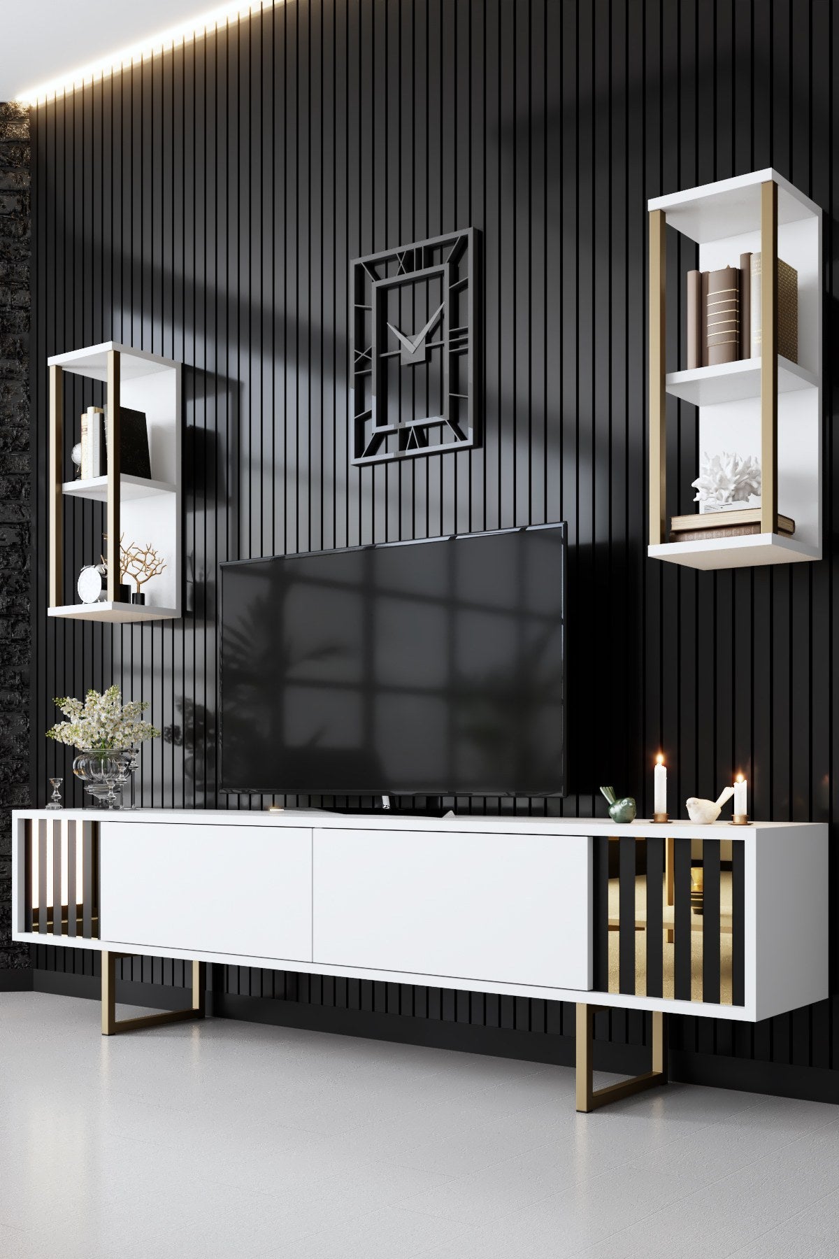 Furniture Set White-Gold - Gold Line - Coffee Table + TV Furniture