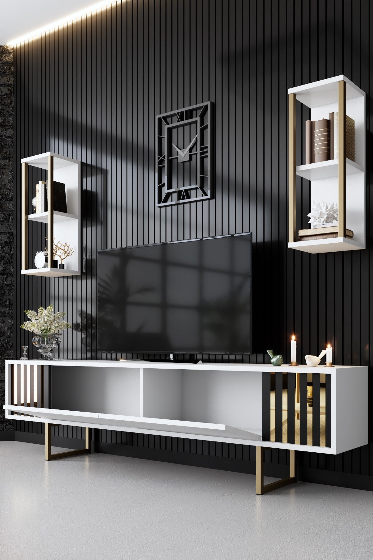 Furniture Set White-Gold - Gold Line - Coffee Table + TV Furniture