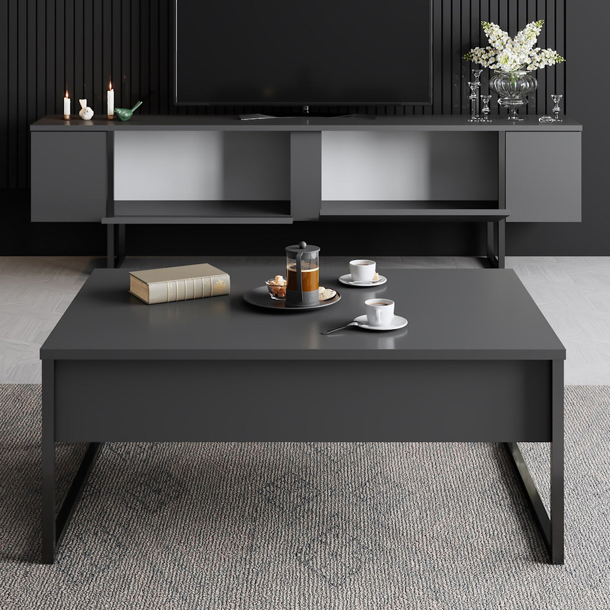 Furniture Set Anthracite Luxe - Coffee Table + TV Cabinet - Black Frame
