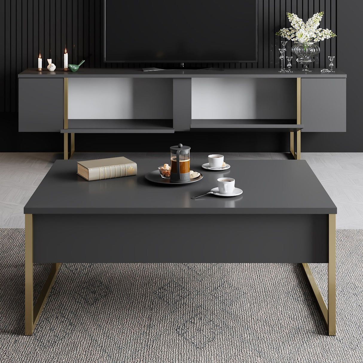 Furniture Set Anthracite Luxe - Coffee Table + TV Cabinet - Golden Frame