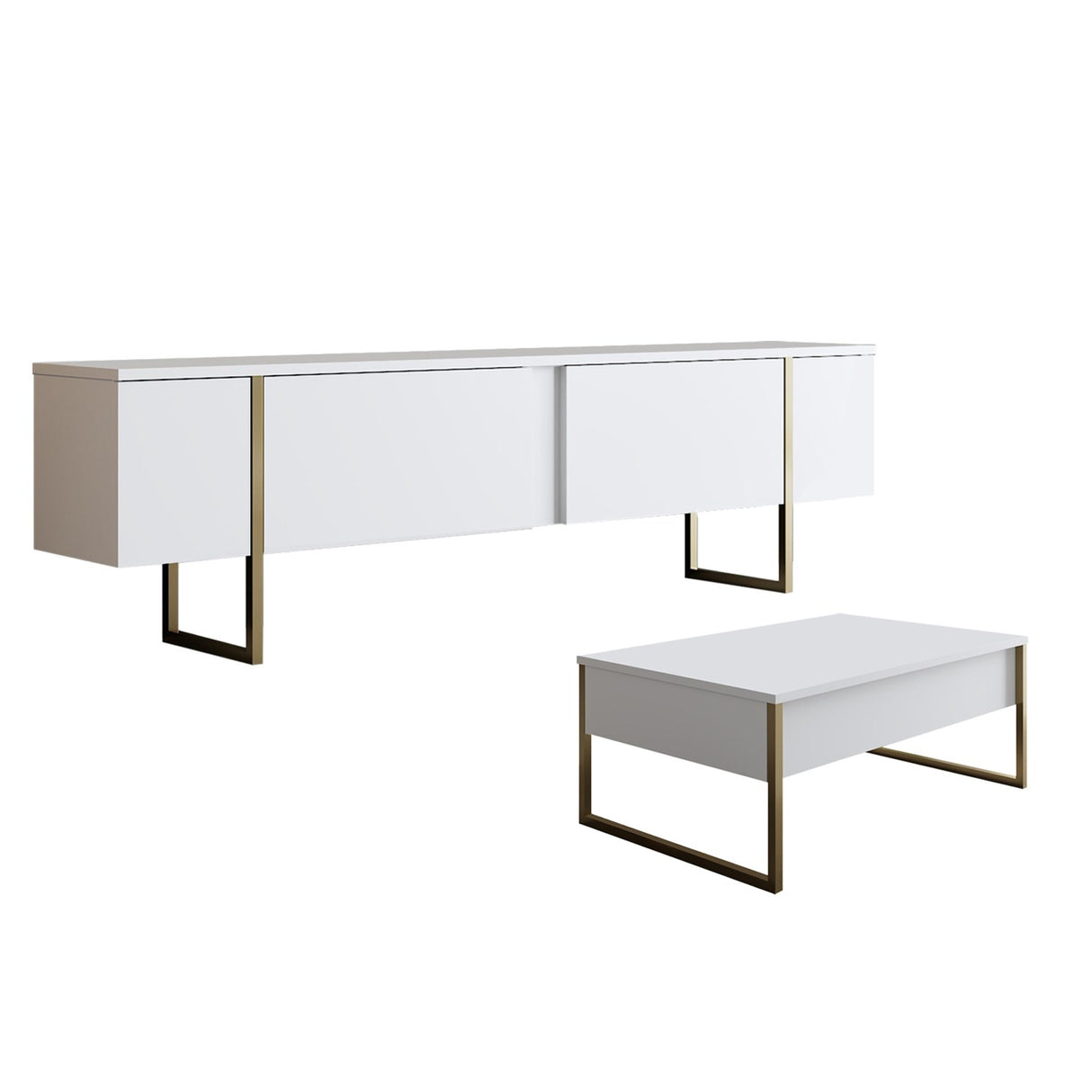 Furniture Set White Luxe - Coffee Table + TV Cabinet - Golden Frame